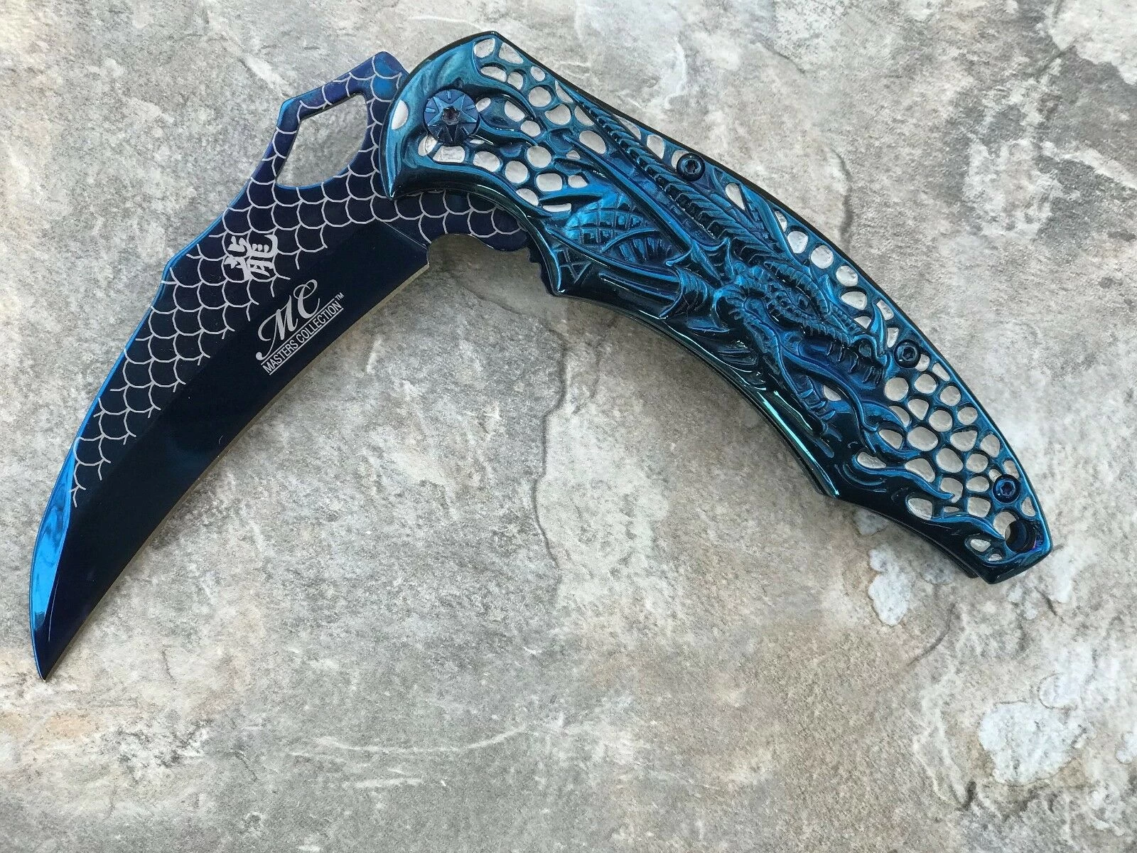 8.5" Blue Wave Dragon Fantasy Spring Assisted Tactical Folding Pocket Knife Open - Image 12