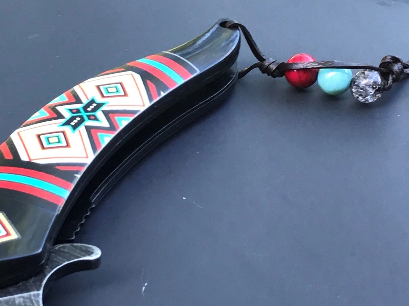 8.5" NATIVE AMERICAN BLUE AND RED SPRING ASSISTED DAMASCUS KNIVES - Image 7