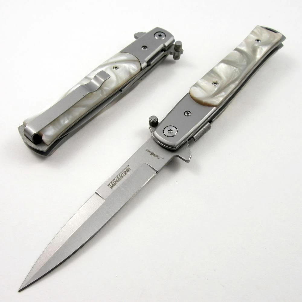 8" Tac Force Pearl Handle Stiletto Spring Assisted Folding Knife - Image 4