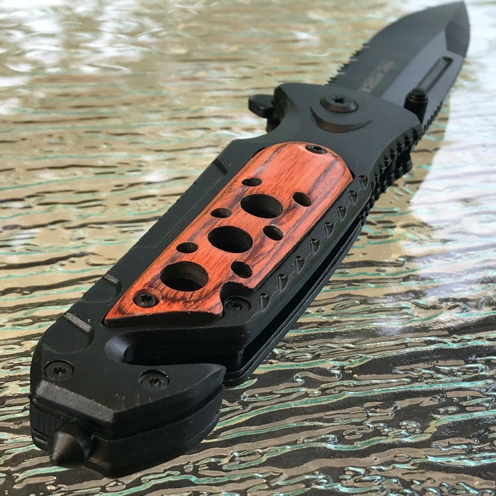 8" Wood Handle Spring Assisted Tactical Serrated Pocket Knife Blade Open Tac - Image 4