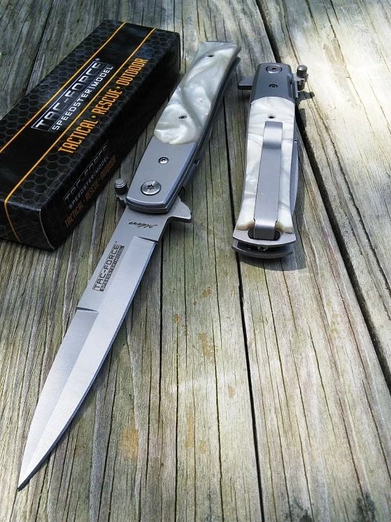 8" Tac Force Pearl Handle Stiletto Spring Assisted Folding Knife - Image 6