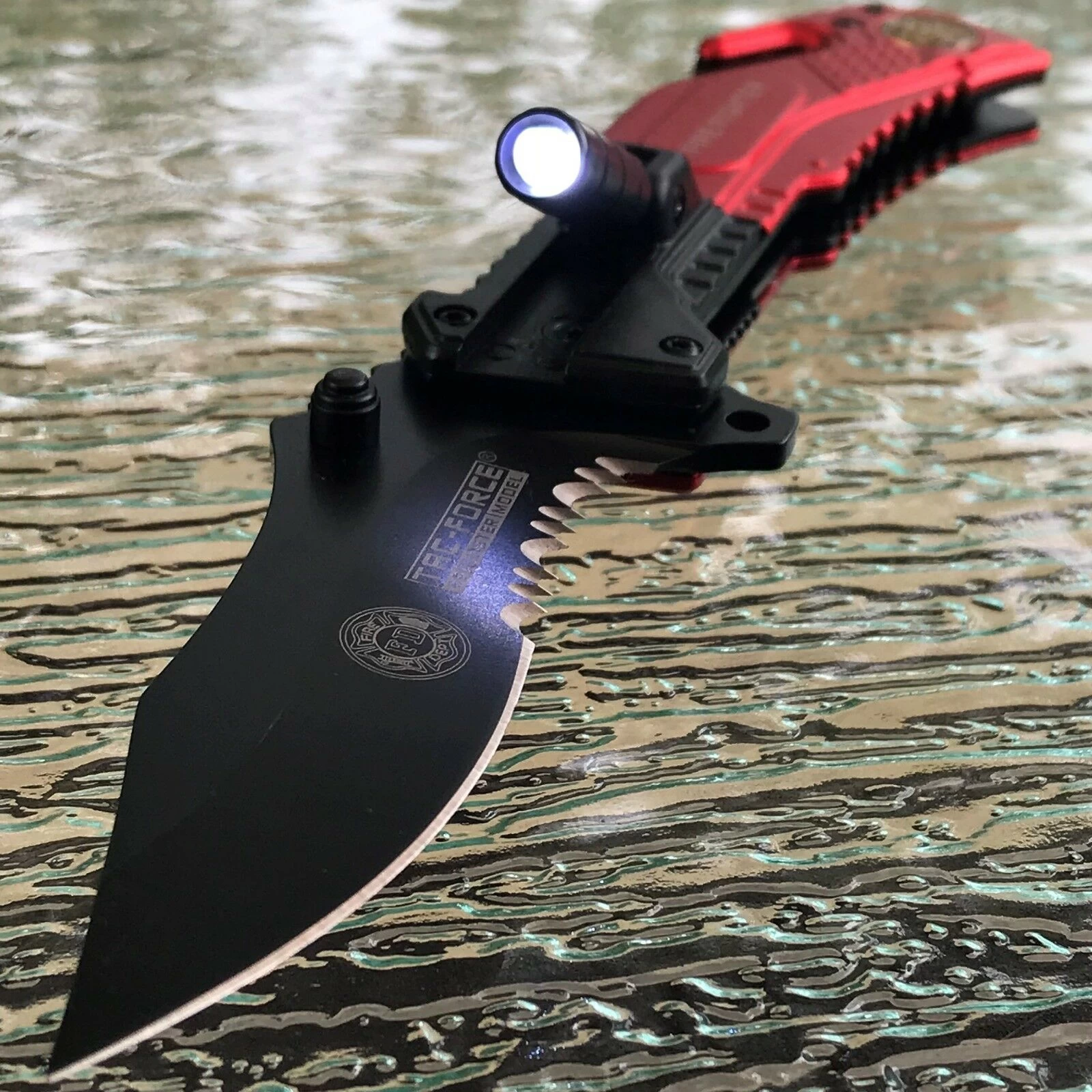 8" Tac Force Tactical Fire Dept Rescue Pocket Knife W/ LED Flashlight - Image 2