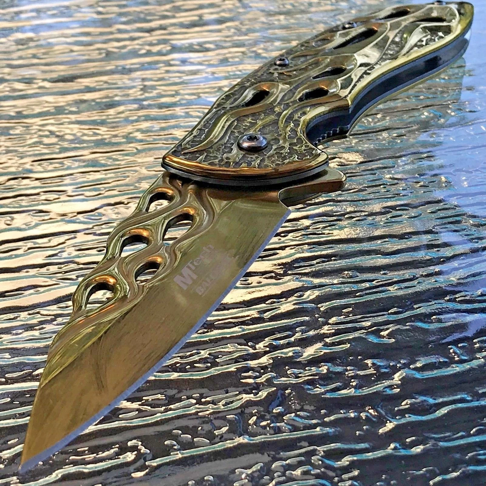 8" Mtech USA Gold Flames Spring Assisted Folding Fantasy Pocket Knife - Image 3