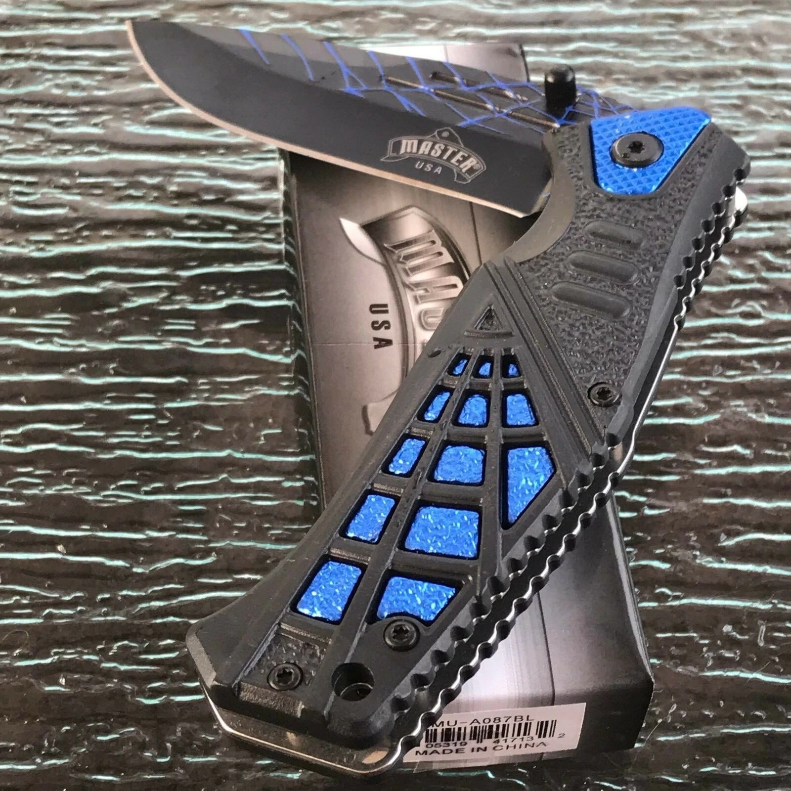 8.35" MASTER USA SPRING ASSISTED TACTICAL BLUE HANDLE FOLDING Pocket KNIFE OPEN - Image 3