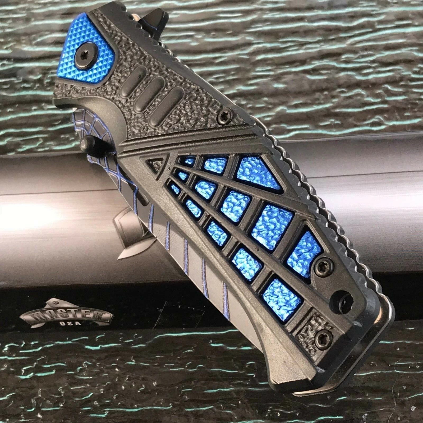 8.35" MASTER USA SPRING ASSISTED TACTICAL BLUE HANDLE FOLDING Pocket KNIFE OPEN - Image 9