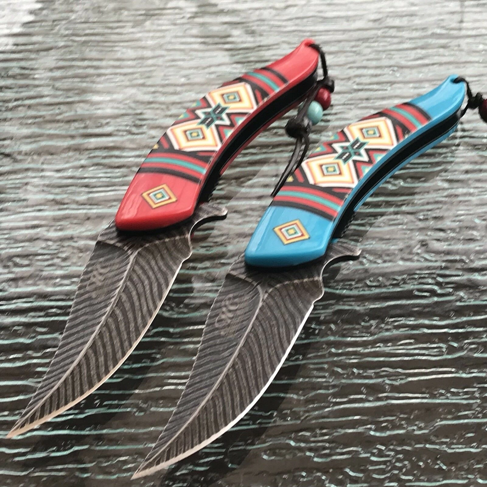 8.5" NATIVE AMERICAN BLUE AND RED SPRING ASSISTED DAMASCUS KNIVES