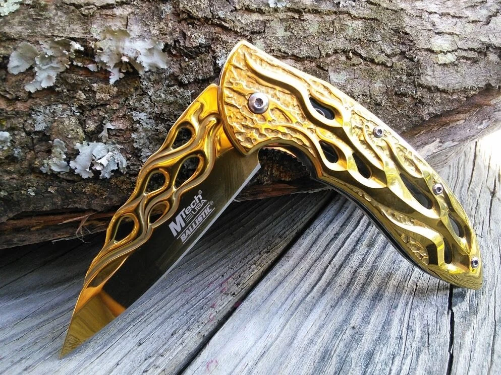 8" Mtech USA Gold Flames Spring Assisted Folding Fantasy Pocket Knife - Image 9