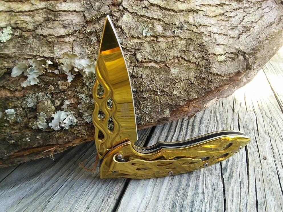 8" Mtech USA Gold Flames Spring Assisted Folding Fantasy Pocket Knife - Image 10