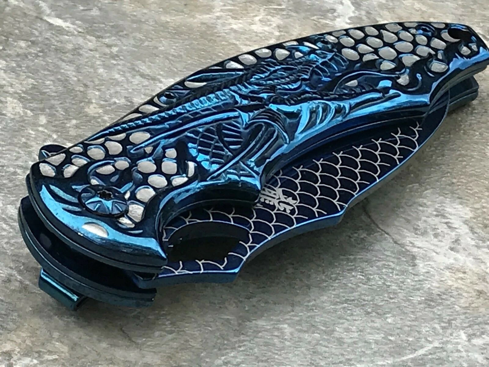 8.5" Blue Wave Dragon Fantasy Spring Assisted Tactical Folding Pocket Knife Open - Image 10
