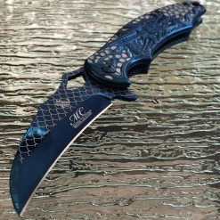 8.5" Blue Wave Dragon Fantasy Spring Assisted Tactical Folding Pocket Knife Open