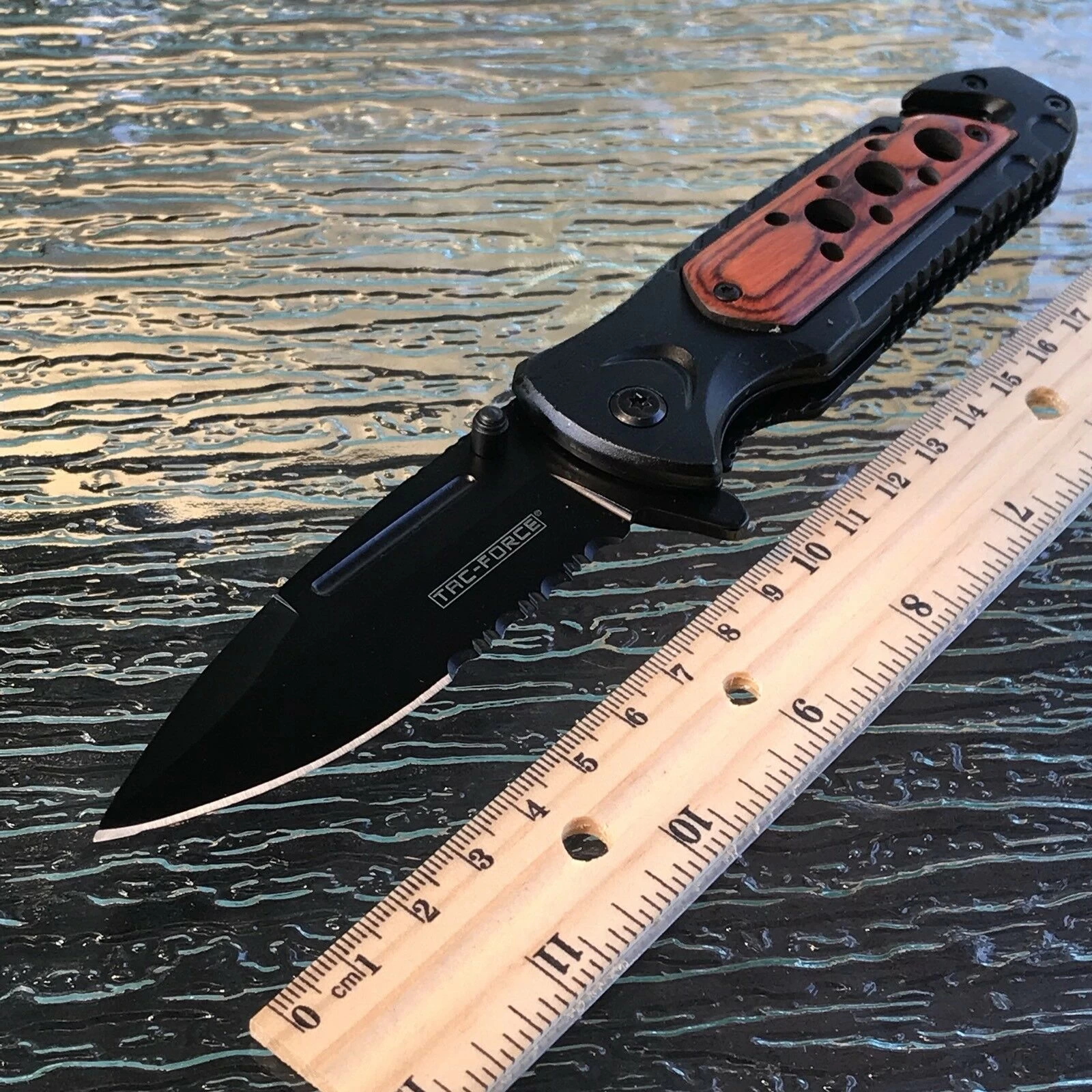 8" Wood Handle Spring Assisted Tactical Serrated Pocket Knife Blade Open Tac - Image 6