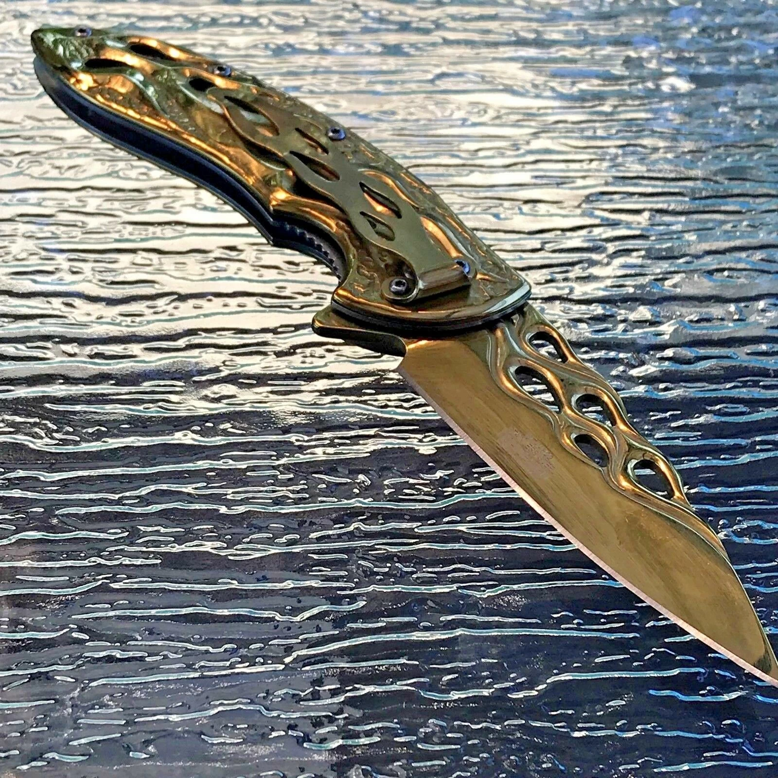 8" Mtech USA Gold Flames Spring Assisted Folding Fantasy Pocket Knife - Image 5