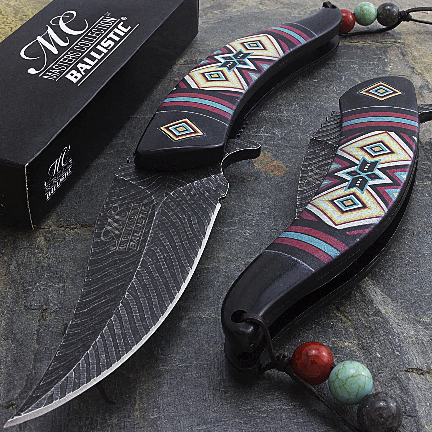 8.5" NATIVE AMERICAN BLUE AND RED SPRING ASSISTED DAMASCUS KNIVES - Image 5