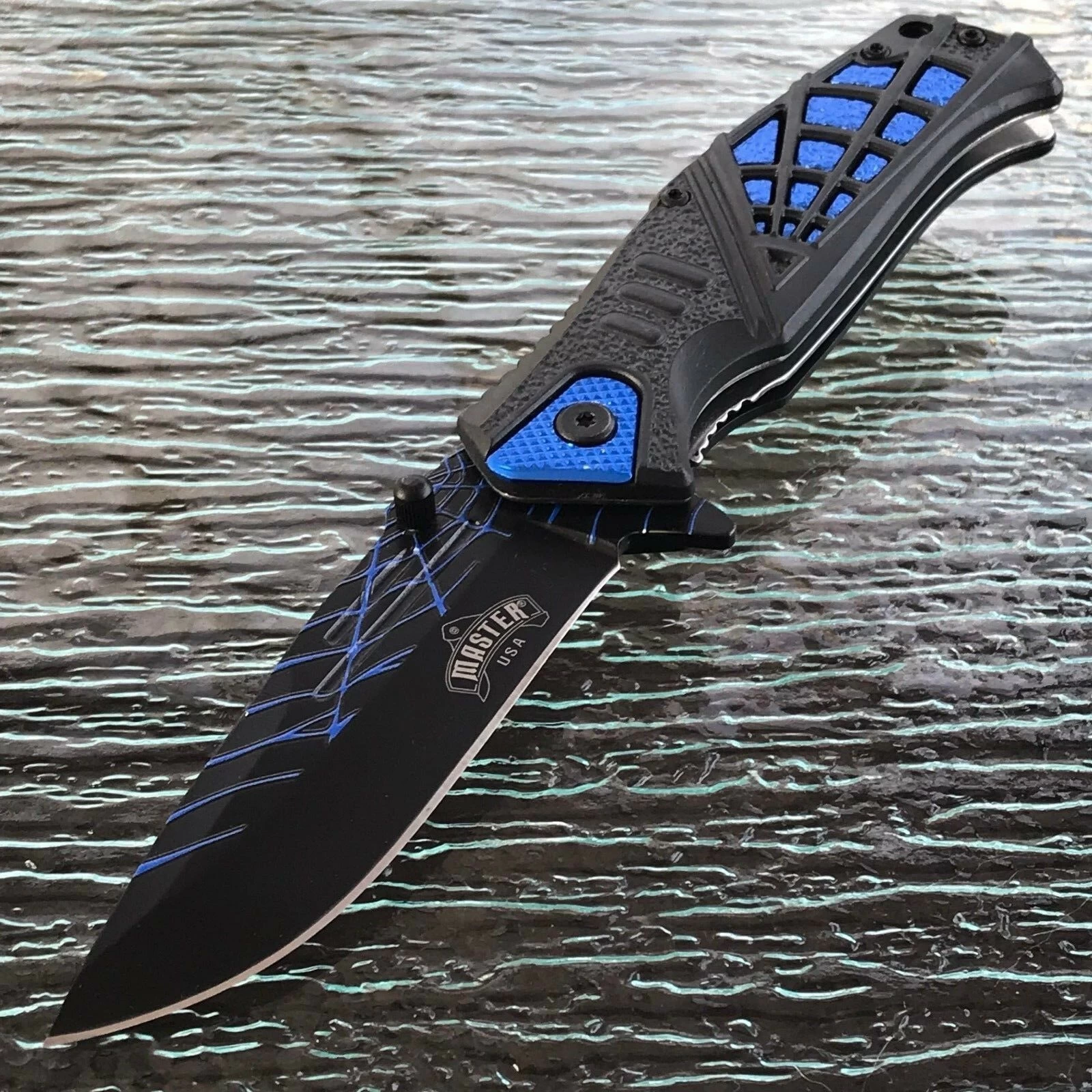 8.35" MASTER USA SPRING ASSISTED TACTICAL BLUE HANDLE FOLDING Pocket KNIFE OPEN