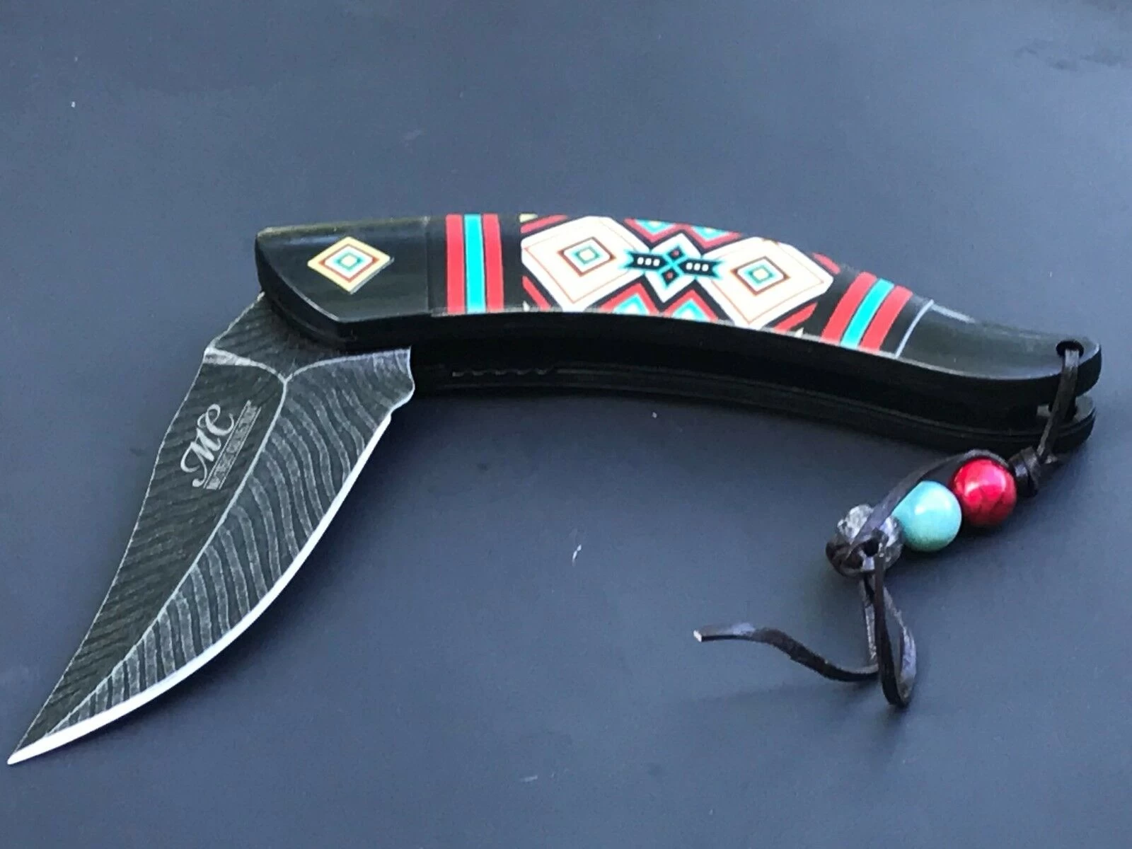 8.5" NATIVE AMERICAN BLUE AND RED SPRING ASSISTED DAMASCUS KNIVES - Image 6