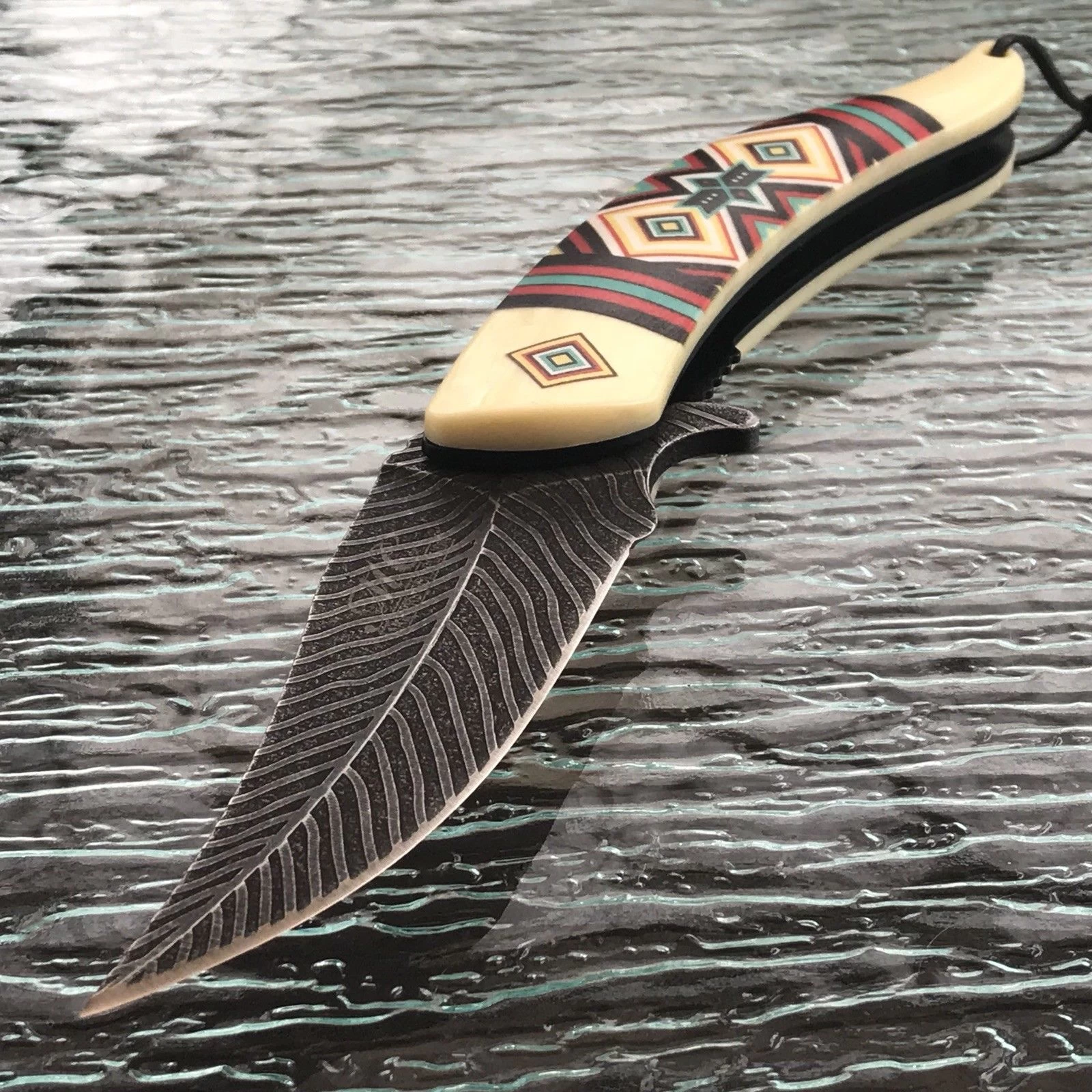 8.5" NATIVE AMERICAN BLUE AND RED SPRING ASSISTED DAMASCUS KNIVES - Image 3