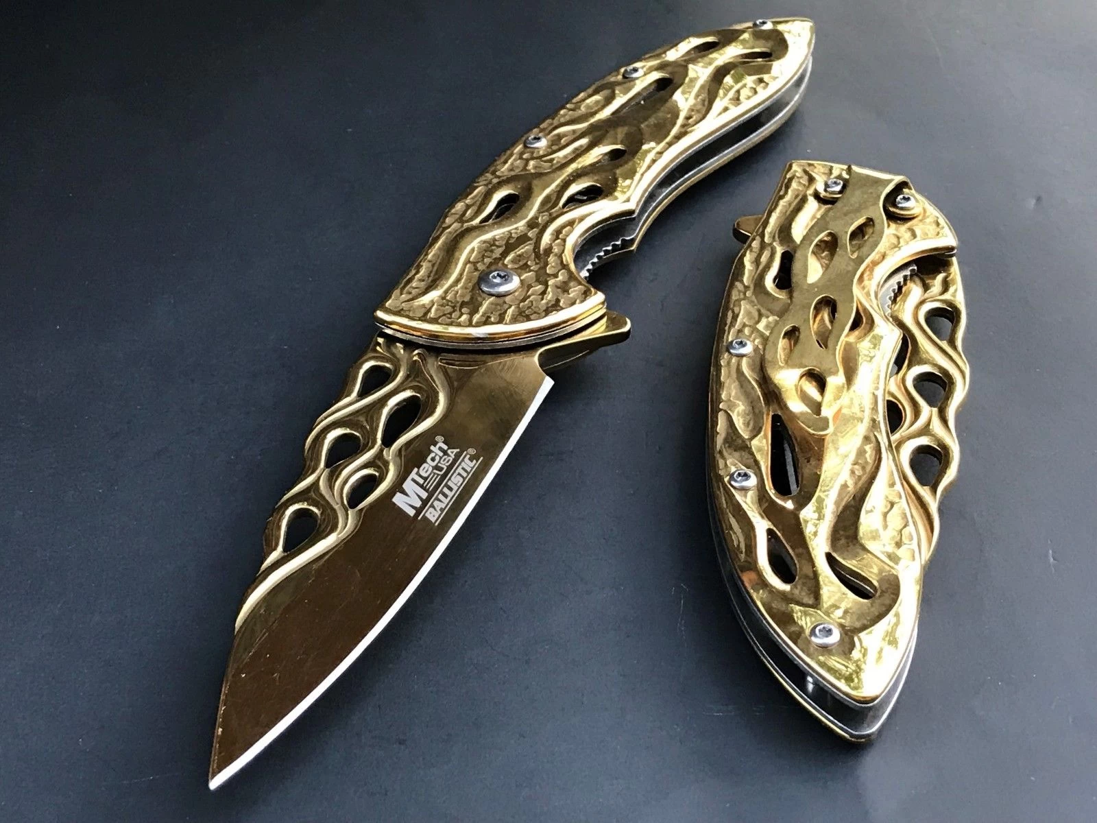 8" Mtech USA Gold Flames Spring Assisted Folding Fantasy Pocket Knife - Image 8
