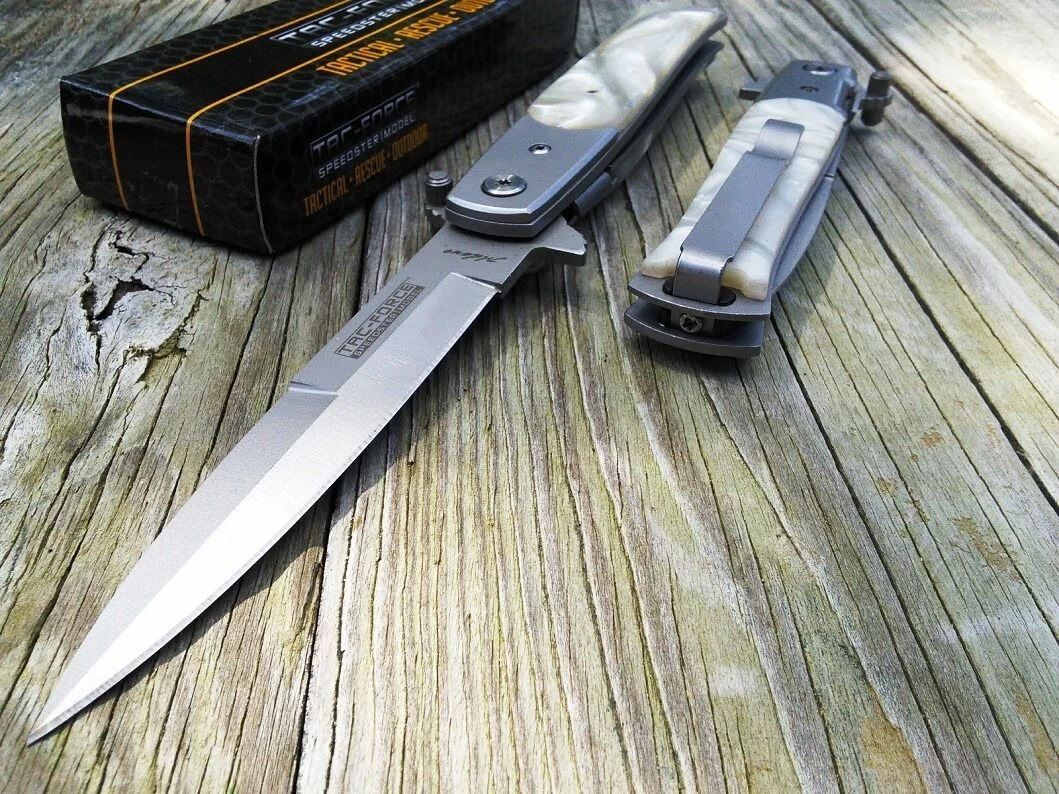 8" Tac Force Pearl Handle Stiletto Spring Assisted Folding Knife - Image 7