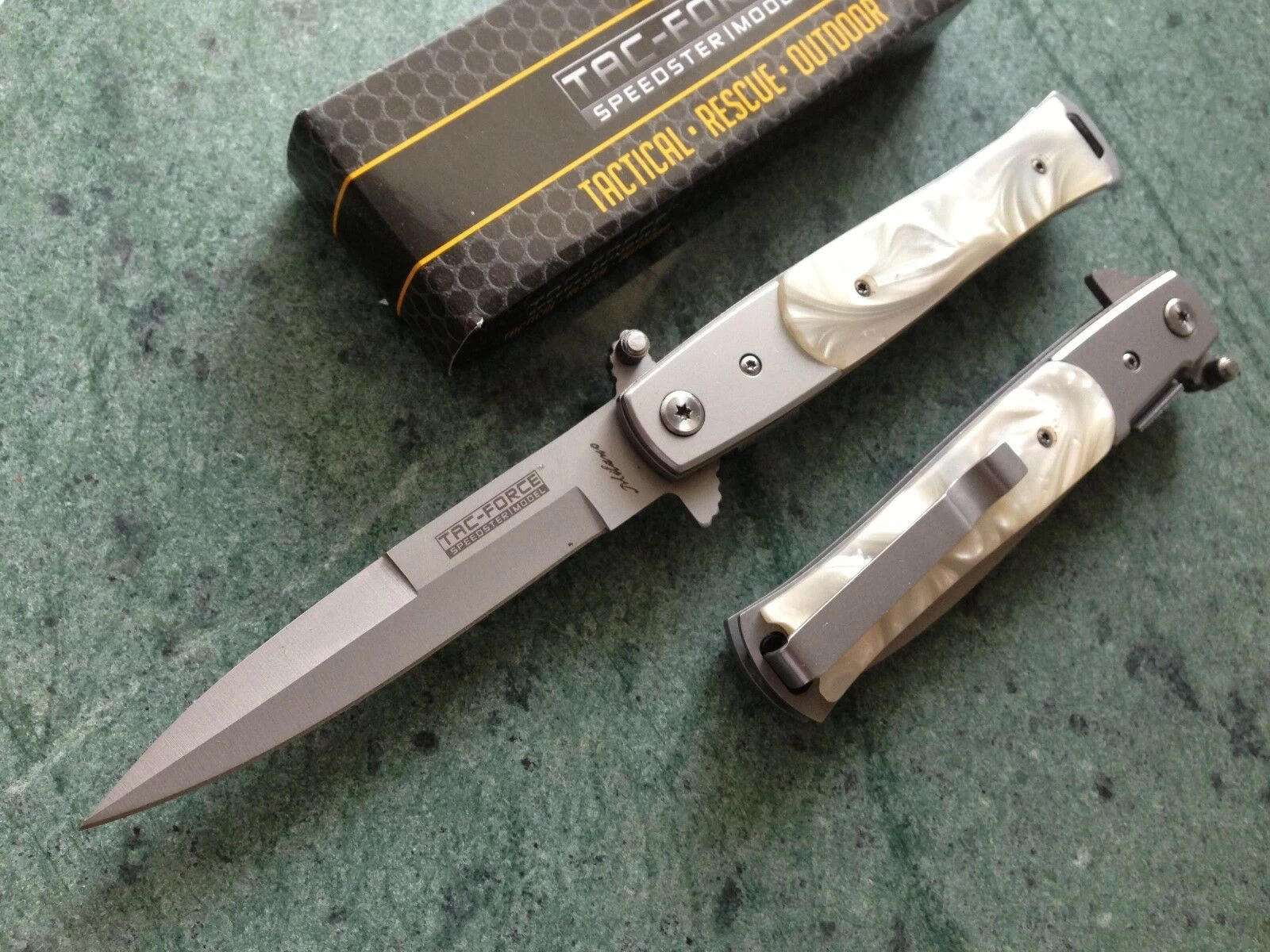 8" Tac Force Pearl Handle Stiletto Spring Assisted Folding Knife - Image 3