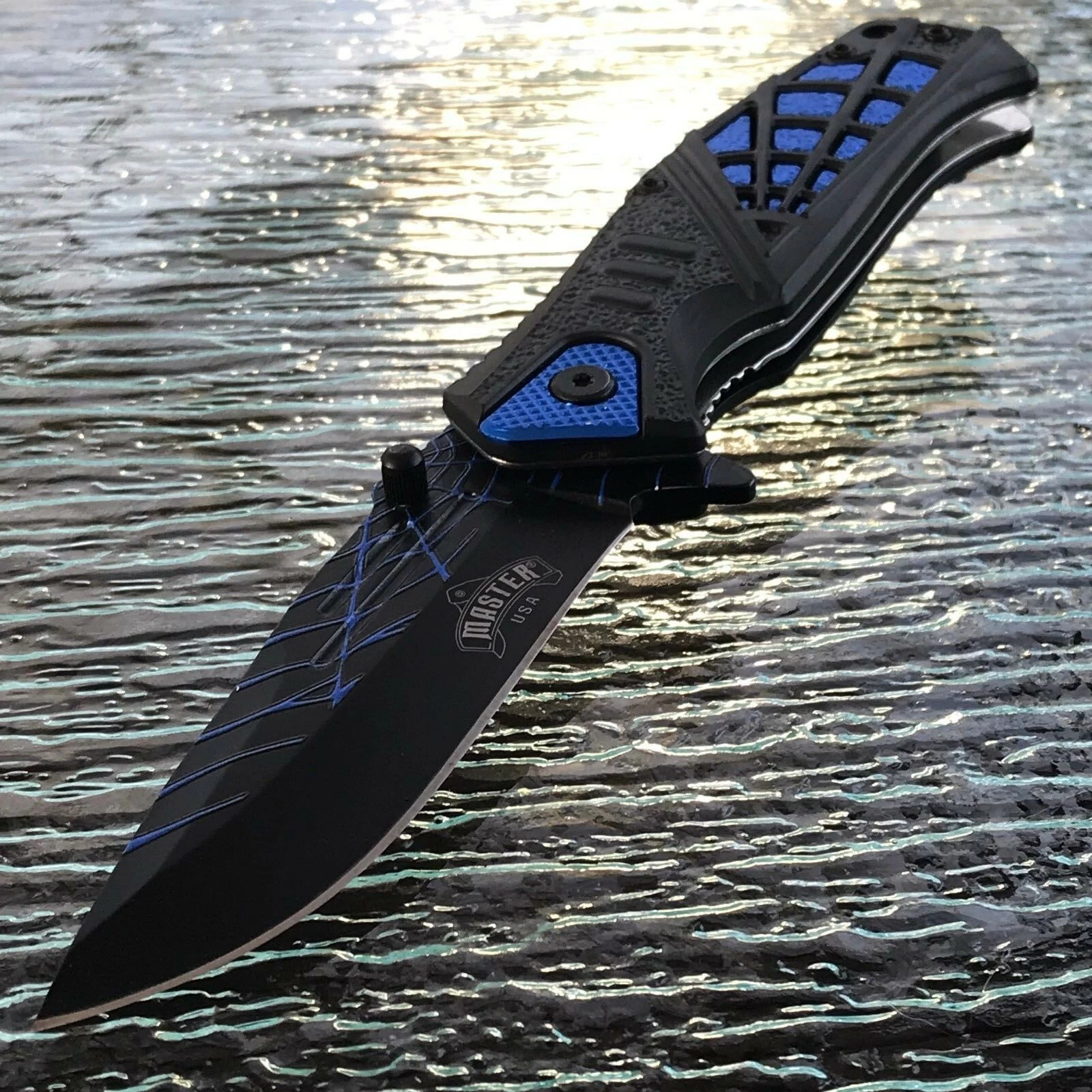 8.35" MASTER USA SPRING ASSISTED TACTICAL BLUE HANDLE FOLDING Pocket KNIFE OPEN - Image 4