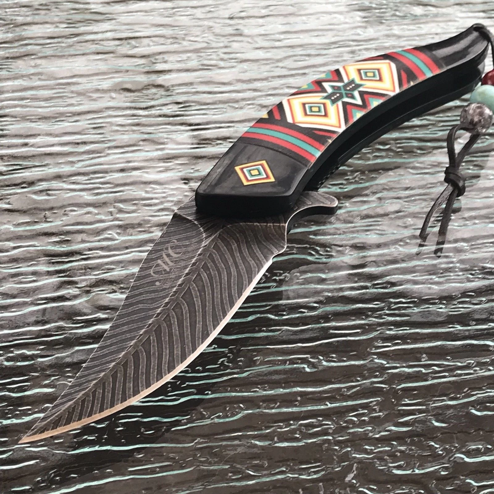 8.5" NATIVE AMERICAN BLUE AND RED SPRING ASSISTED DAMASCUS KNIVES - Image 2