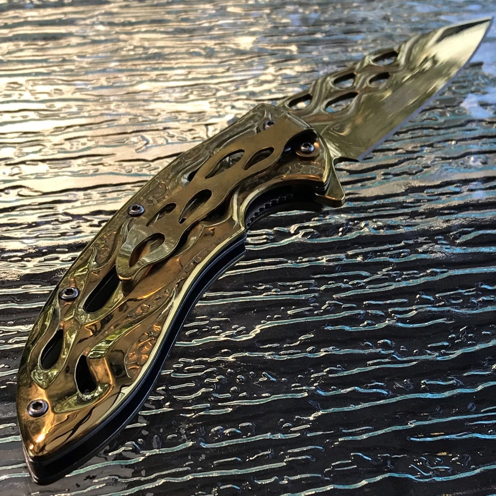 8" Mtech USA Gold Flames Spring Assisted Folding Fantasy Pocket Knife - Image 4