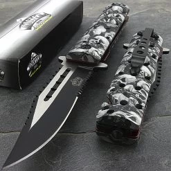 8.75" Master USA Gray Fantasy Zombie Skulls Pocket Knife (MU-A007GY)