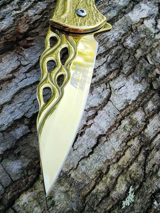 8" Mtech USA Gold Flames Spring Assisted Folding Fantasy Pocket Knife - Image 12