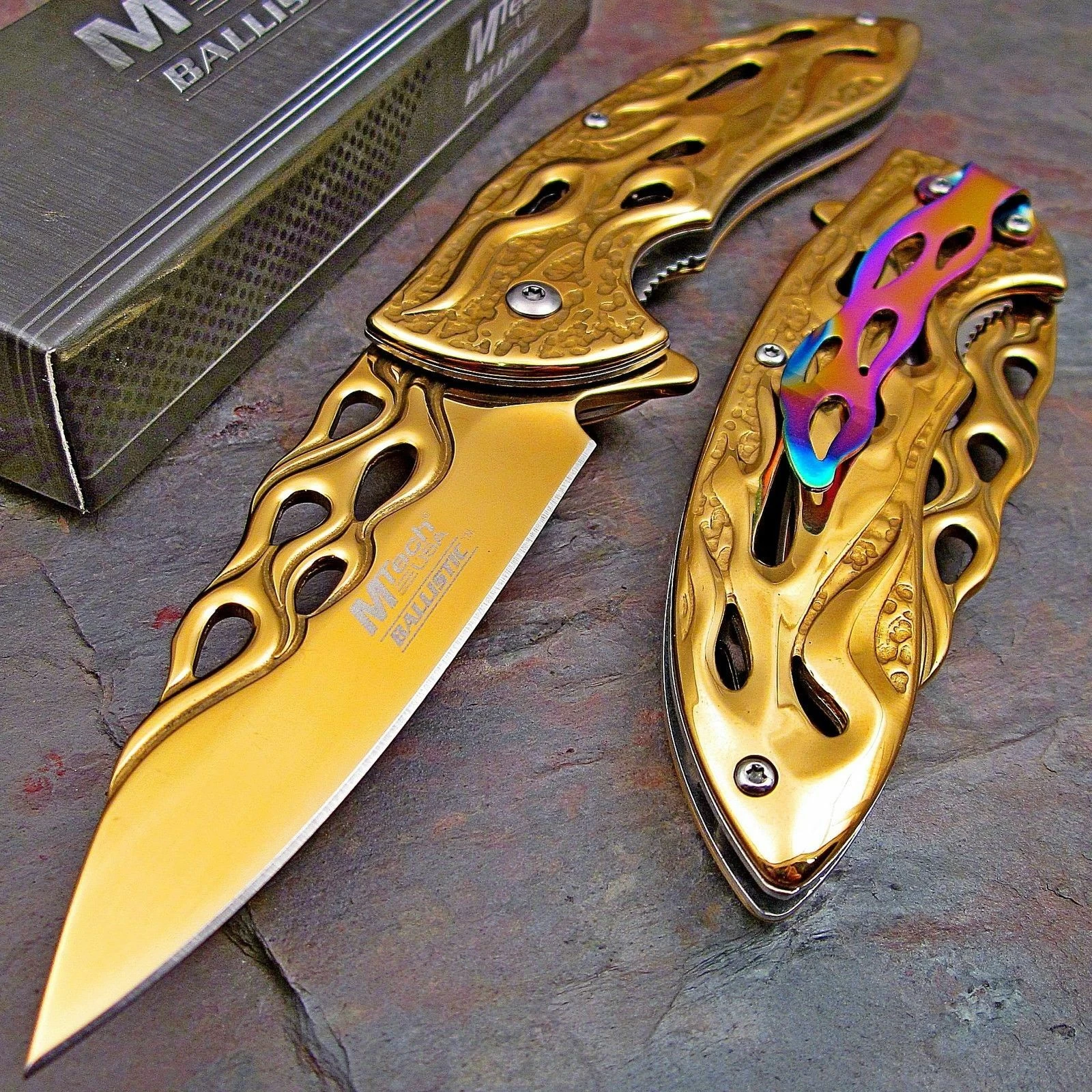 8" Mtech USA Gold Flames Spring Assisted Folding Fantasy Pocket Knife - Image 2