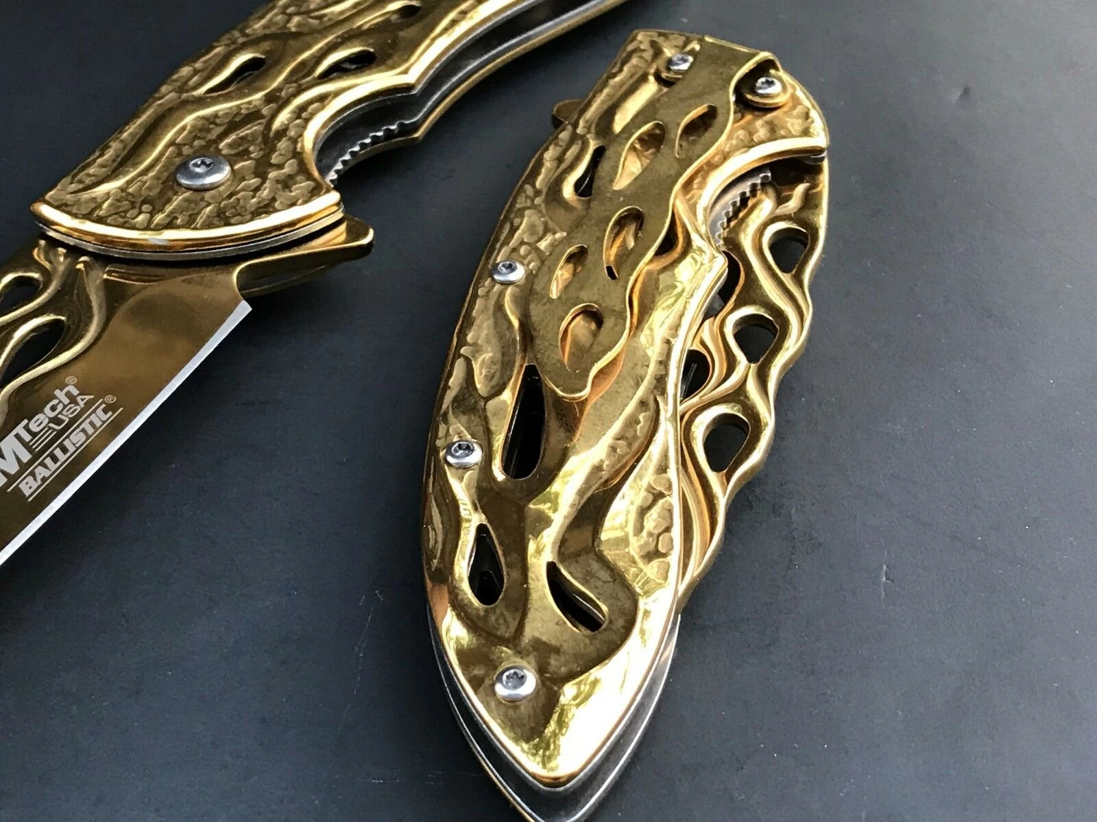 8" Mtech USA Gold Flames Spring Assisted Folding Fantasy Pocket Knife - Image 11