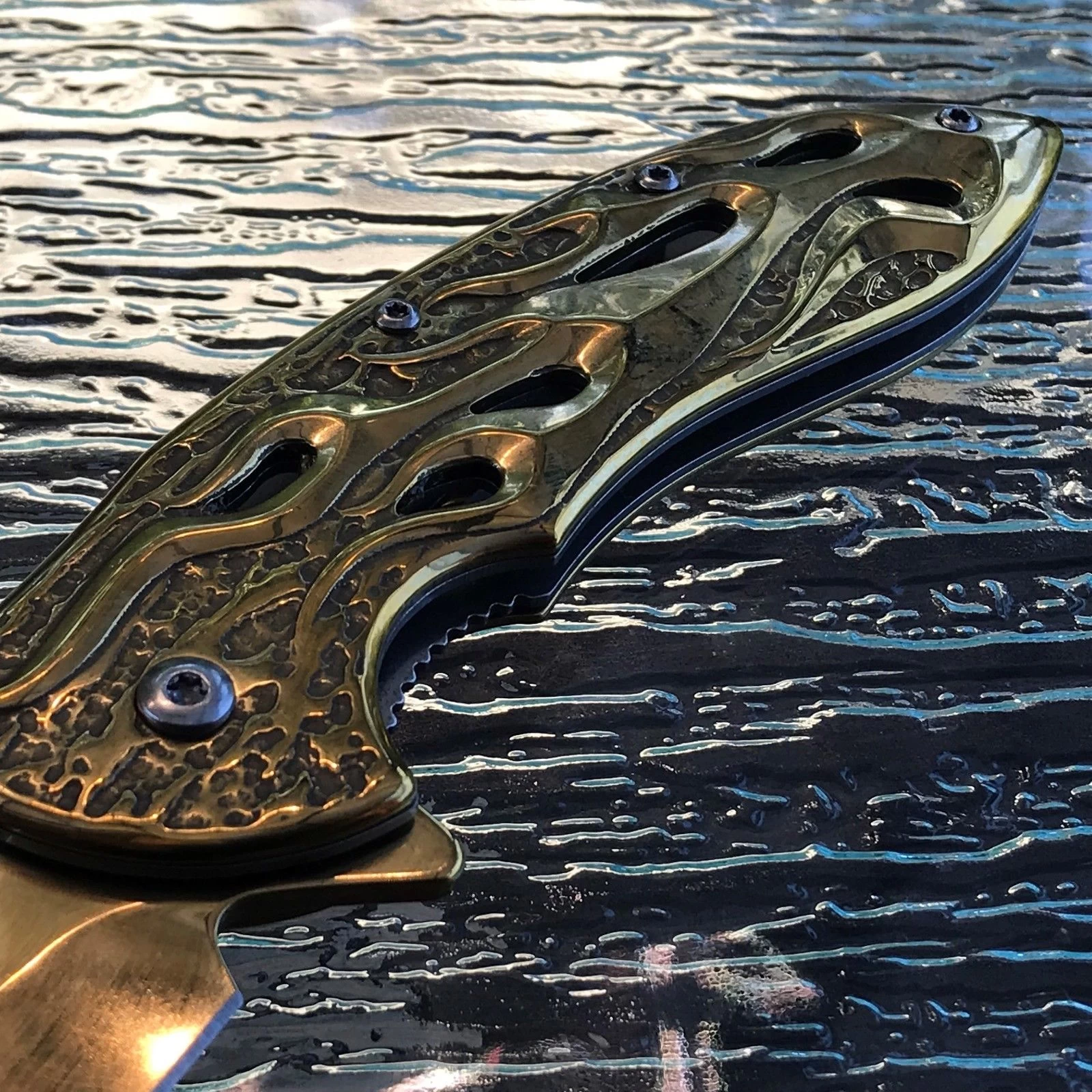 8" Mtech USA Gold Flames Spring Assisted Folding Fantasy Pocket Knife - Image 7