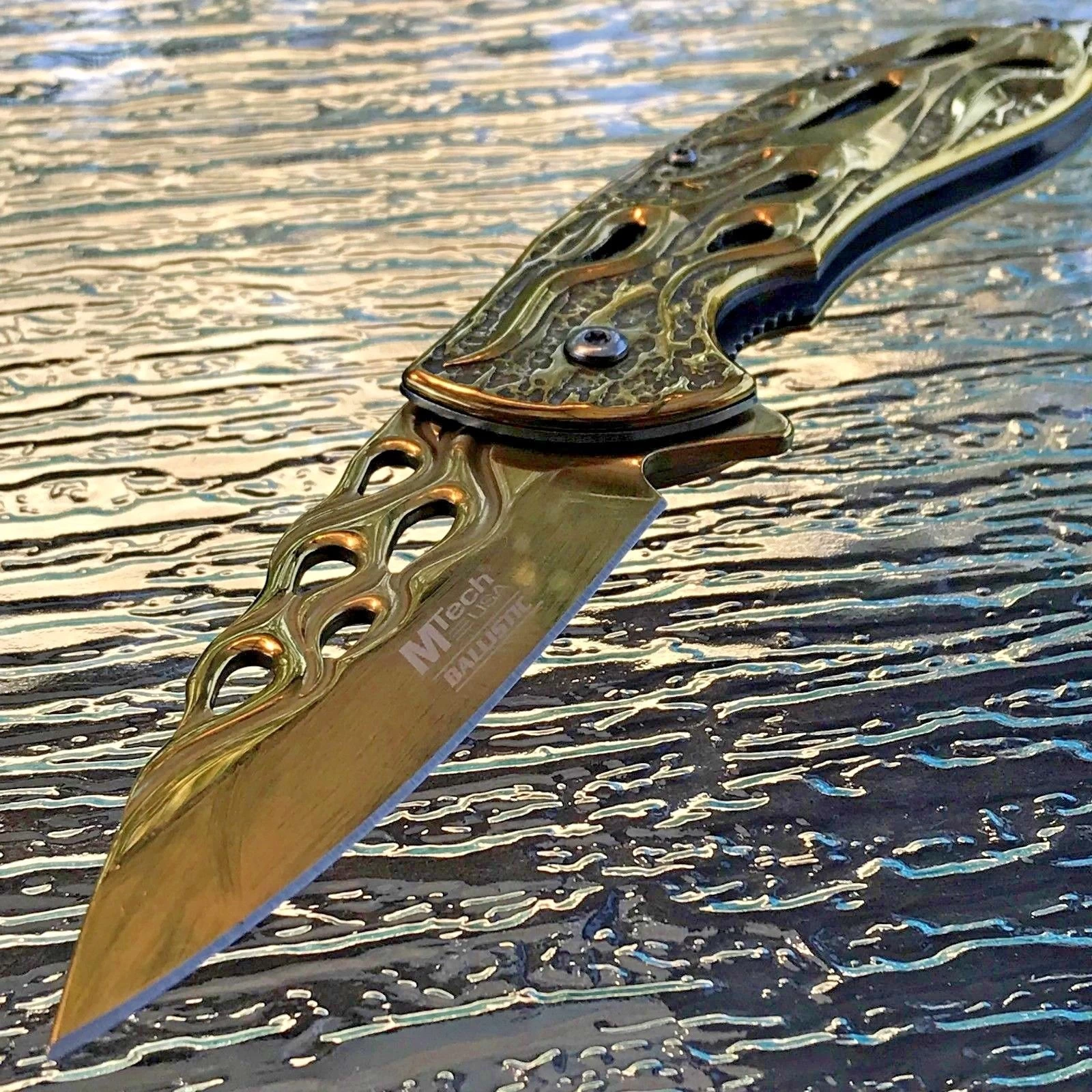 8" Mtech USA Gold Flames Spring Assisted Folding Fantasy Pocket Knife