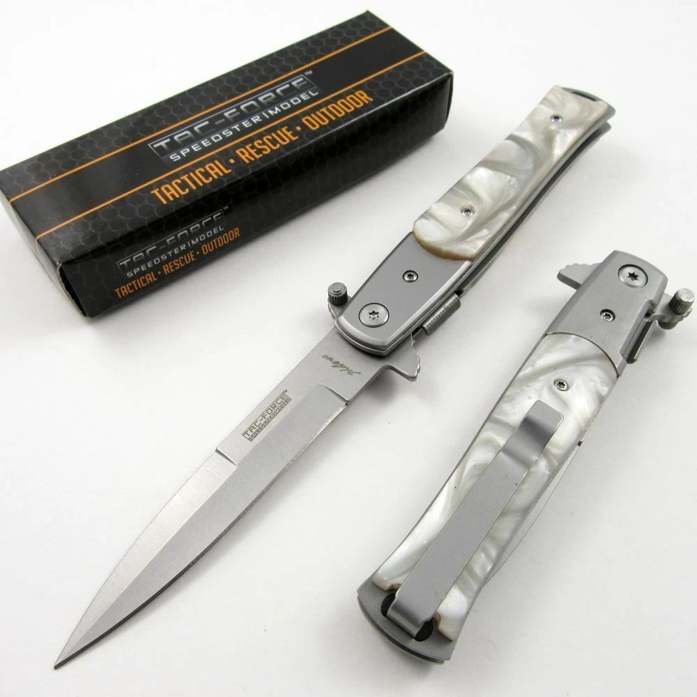8" Tac Force Pearl Handle Stiletto Spring Assisted Folding Knife - Image 2