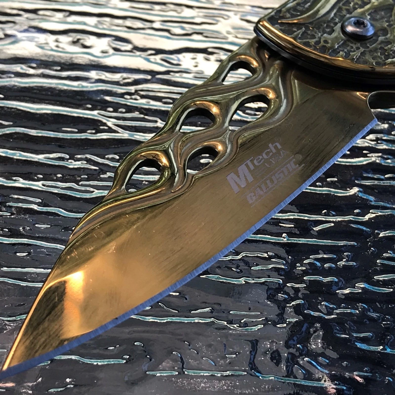 8" Mtech USA Gold Flames Spring Assisted Folding Fantasy Pocket Knife - Image 6