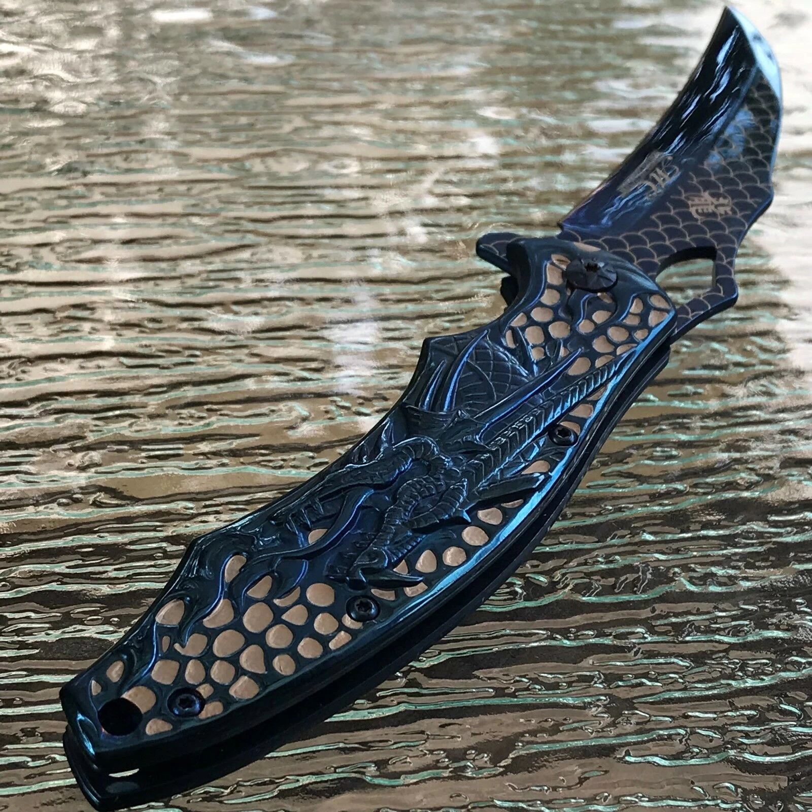 8.5" Blue Wave Dragon Fantasy Spring Assisted Tactical Folding Pocket Knife Open - Image 5