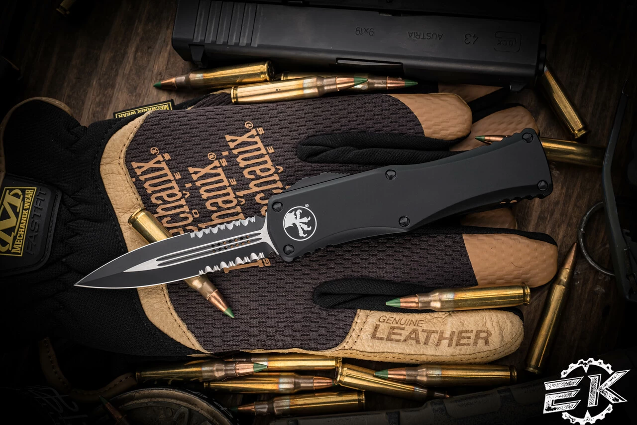 Microtech Hera OTF Automatic Knife Black 3" Dagger Black Serrated 702-2T