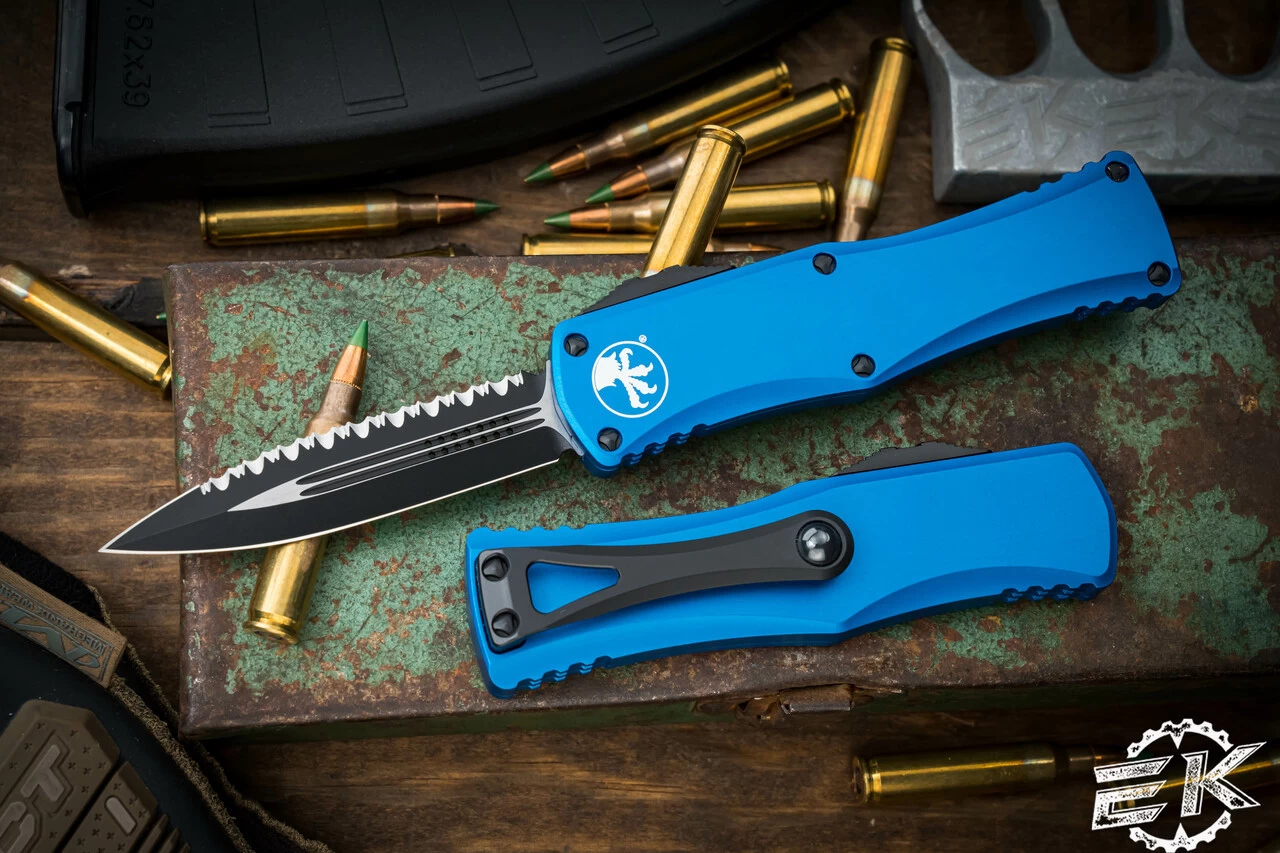 Microtech Hera OTF Automatic Knife Blue 3" Dagger Black Serrated 702-3BL