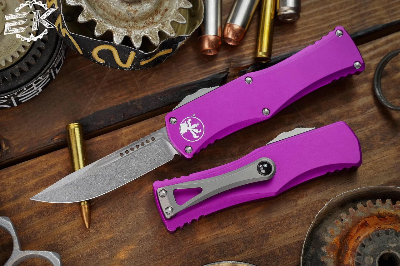 Microtech Hera OTF Automatic Knife Violet 3" Drop Point Stonewash 703-10VI