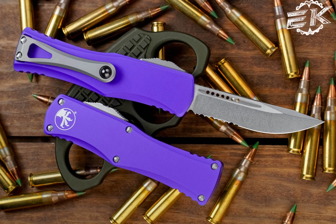Microtech Hera Purple OTF Automatic Knife 3" Drop Point Stonewash Serrated 703-11PU - Image 2