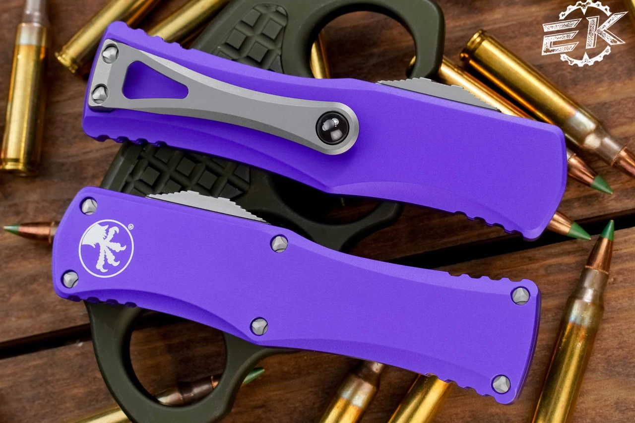 Microtech Hera Purple OTF Automatic Knife 3" Drop Point Stonewash Serrated 703-11PU - Image 3