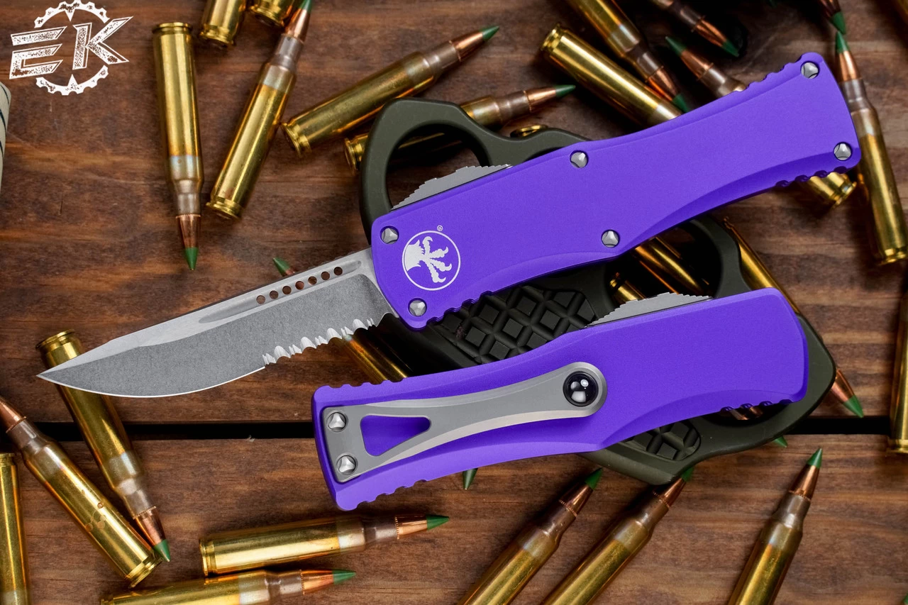Microtech Hera Purple OTF Automatic Knife 3" Drop Point Stonewash Serrated 703-11PU
