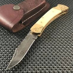 8.5" HAND CRAFTED DAMASCUS STEEL FOLDING KNIFE W/ BONE HANDLE (BB-18)