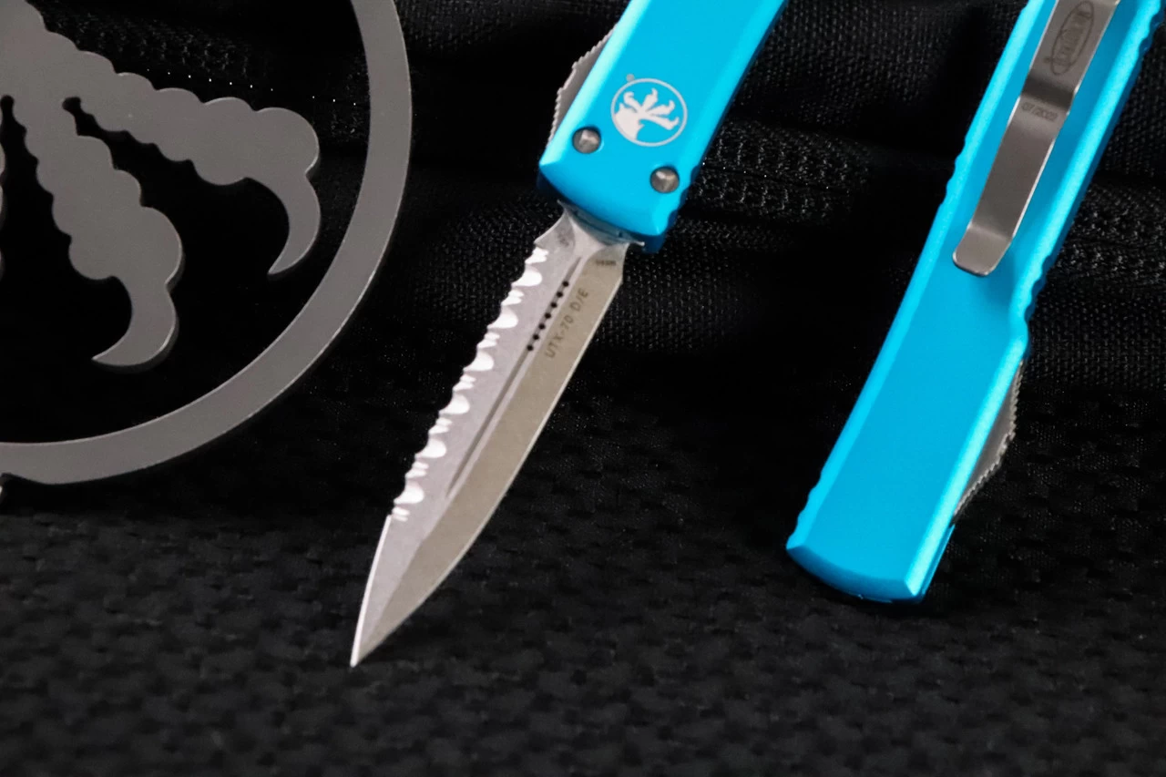 Microtech UTX-70 OTF Automatic Knife Turquoise 2.4" Dagger Stonewash Serrated 147-12TQ - Image 2