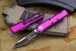 Microtech UTX-85 OTF Automatic Knife Violet 3" Drop Point Black Serrated 231-2VI