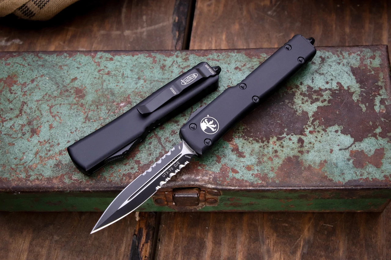 Microtech UTX-70 OTF Automatic Knife 2.4" Dagger Serrated Black 147-2T
