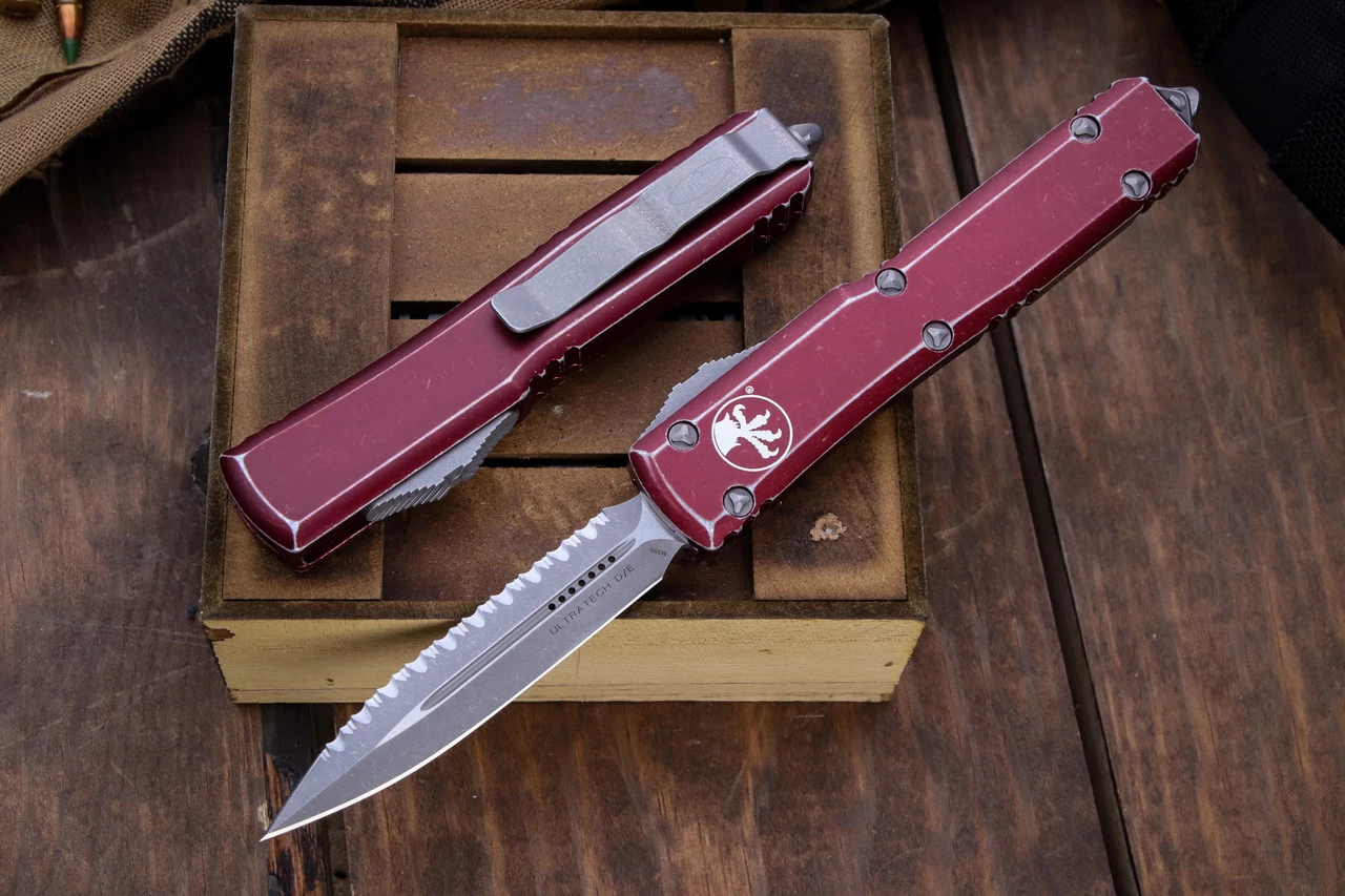 Microtech Ultratech OTF Automatic Knife Distressed Merlot 3.4" Dagger Serrated Stonewash 122-12DMR