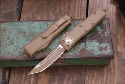Microtech UTX-85 OTF Automatic Knife Tan Cerakote 3.1" Tanto Serrated Tan 233-3CTA