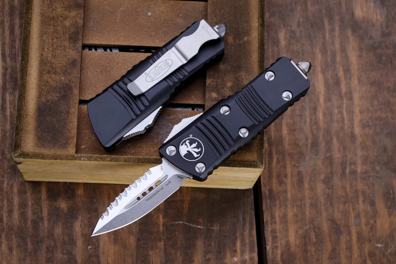 Microtech Mini Troodon OTF Automatic Cali Legal Knife 1.9" Dagger Serrated Stonewash 238-12