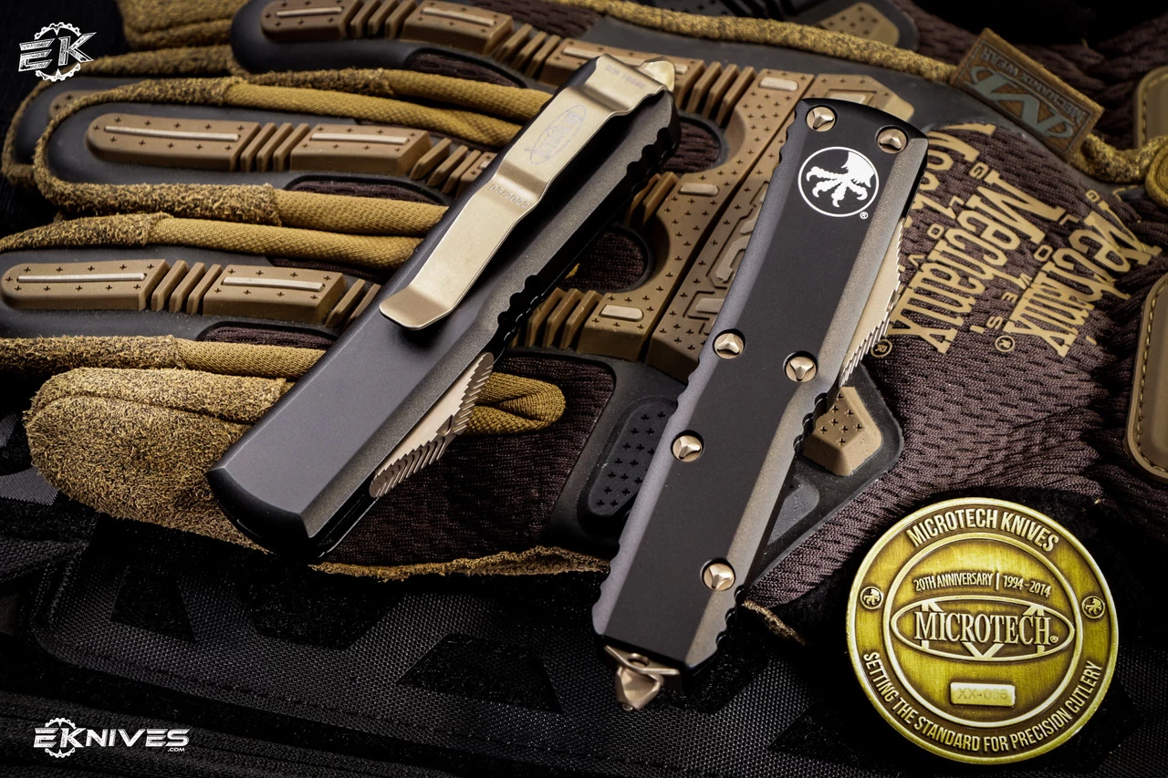 Microtech UTX-85 OTF Automatic Knife Black 3.1" Bronze Dagger Serrated 232-14 - Image 2