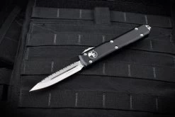 Microtech Knives Ultratech D/E OTF Automatic Knife One Side Serrated Stonewashed Blade Contoured Black Handle 122-12